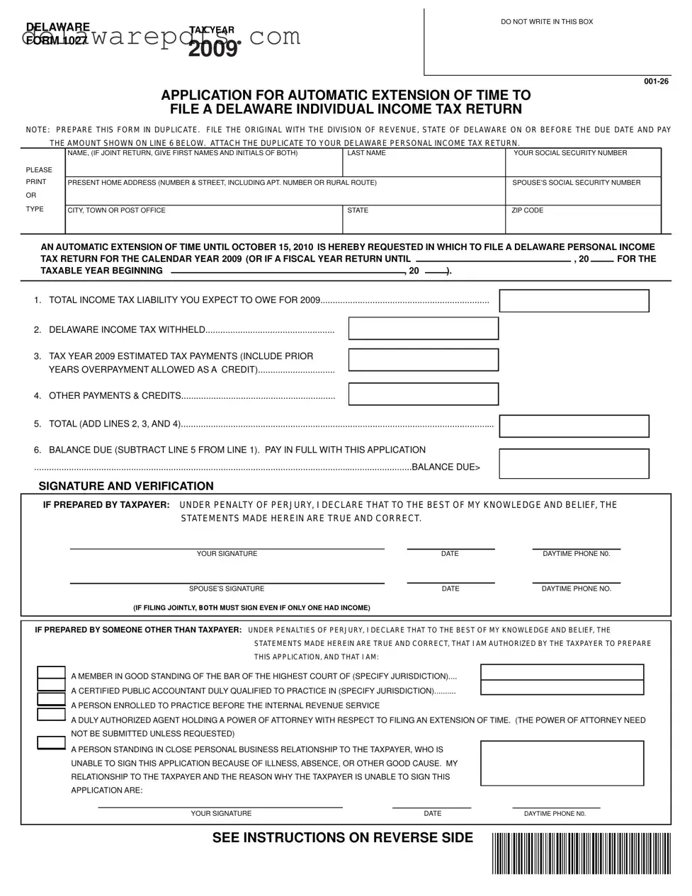 Free Delaware 1027 PDF Template