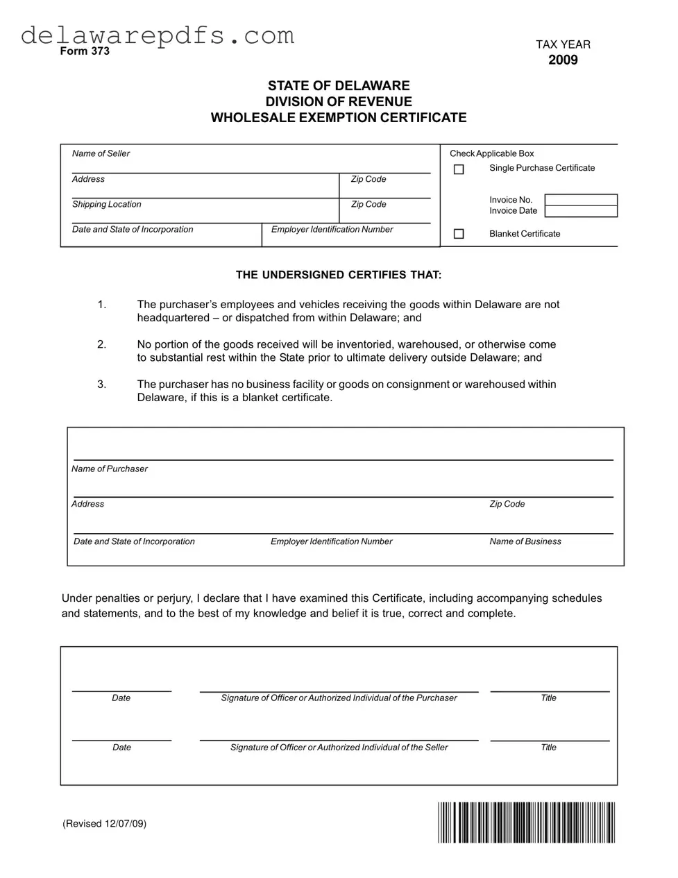 Free Delaware 373 PDF Template
