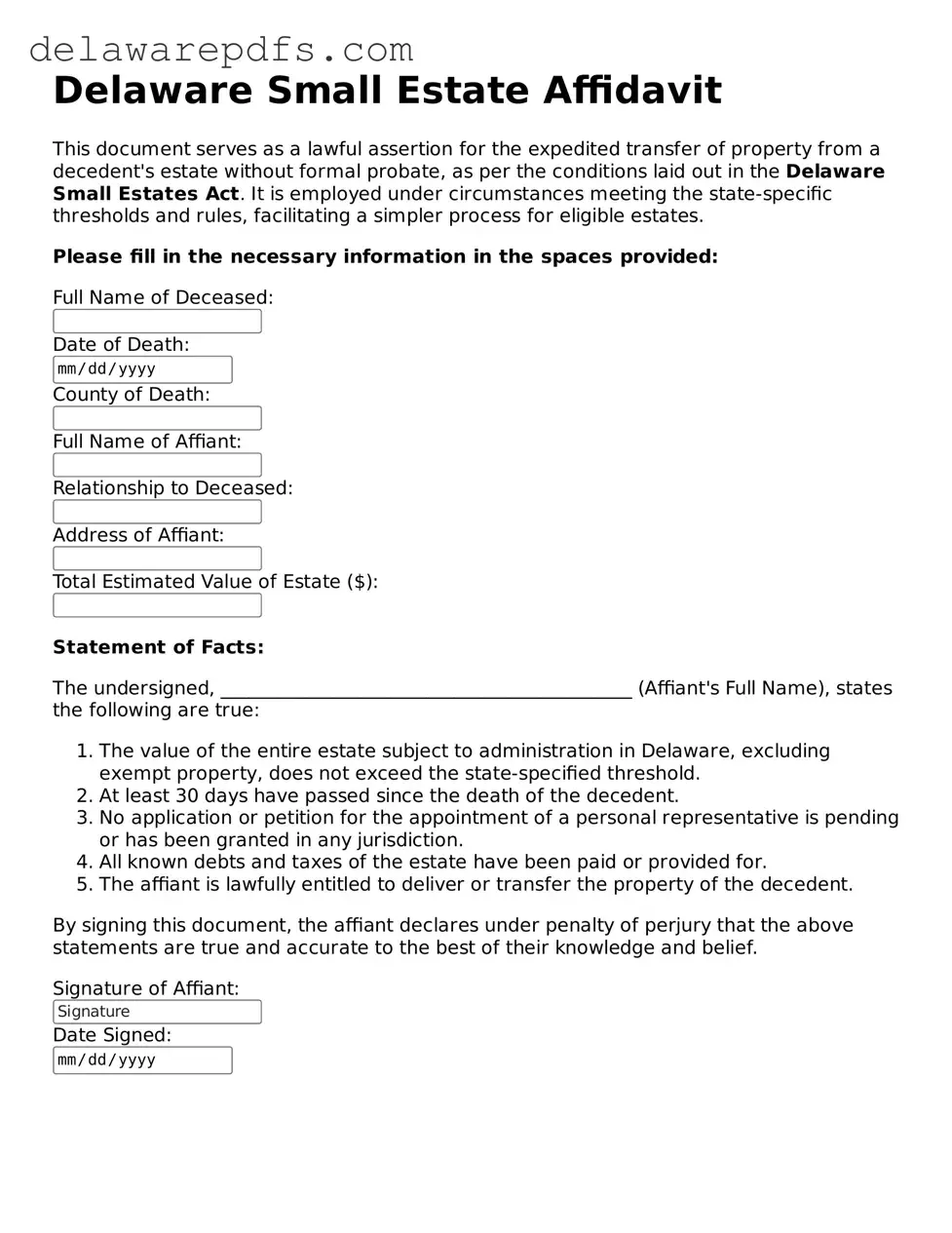 Legal Delaware Small Estate Affidavit Document