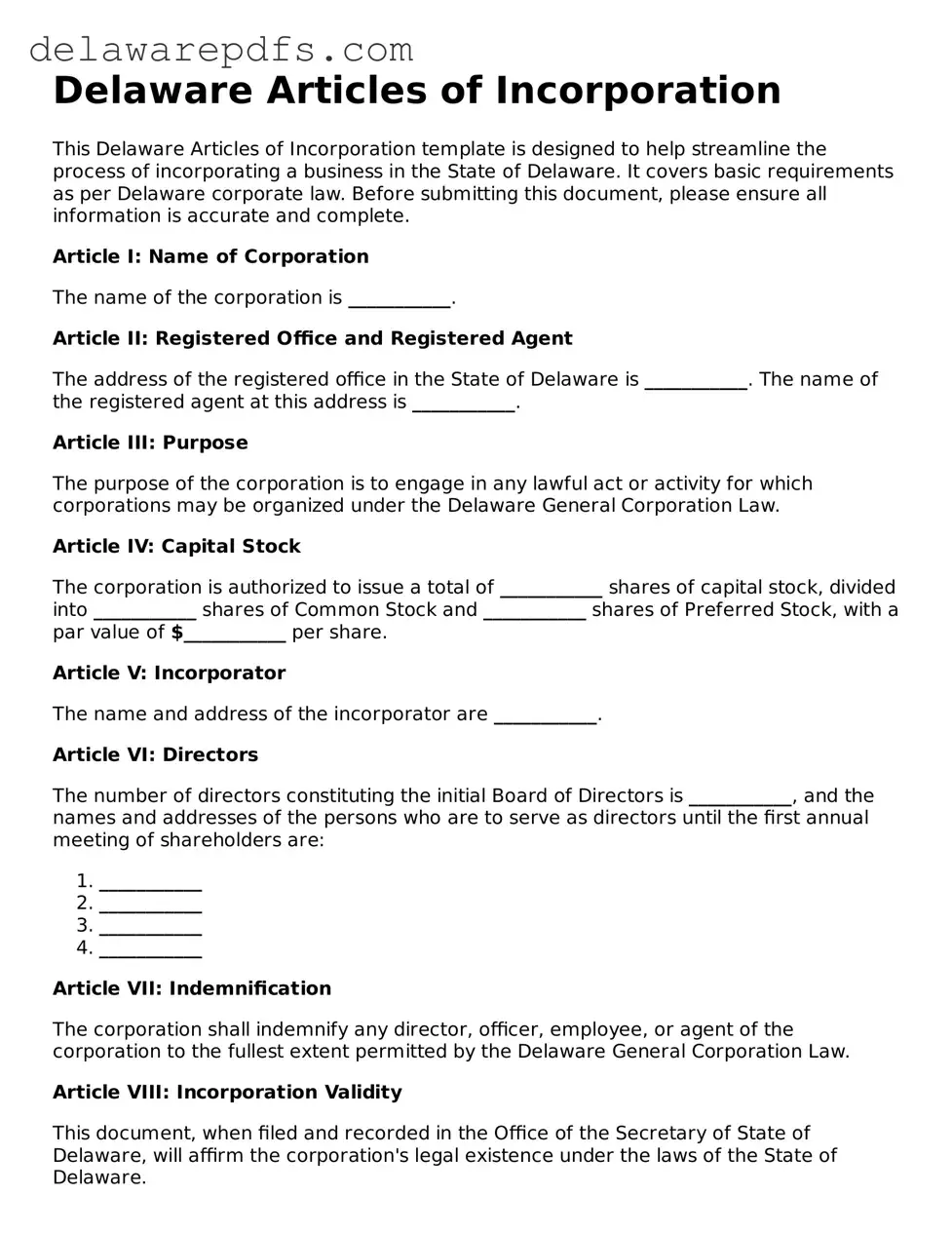 Legal Delaware Articles of Incorporation Document