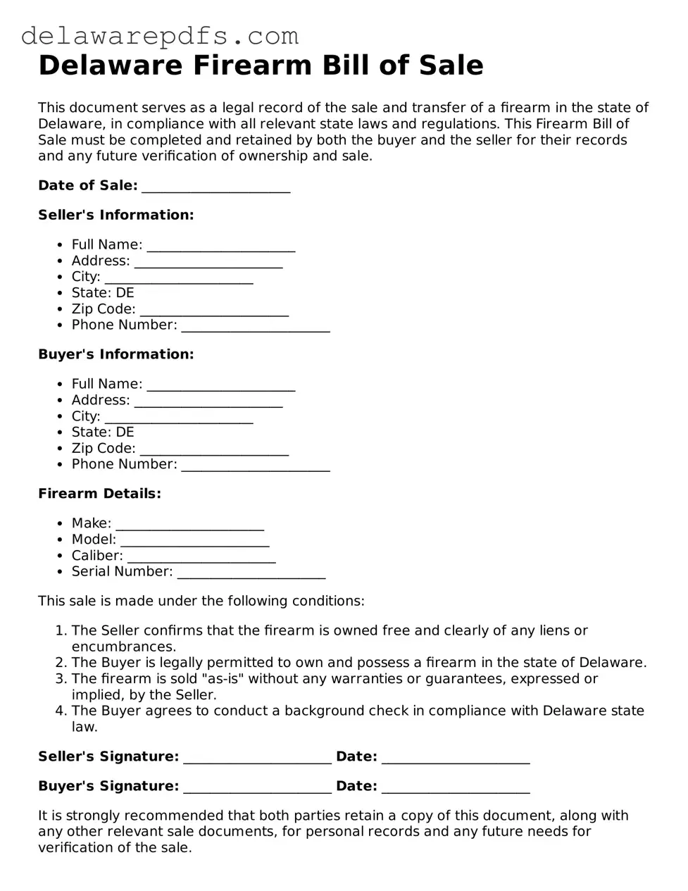 Legal Delaware Firearm Bill of Sale Document