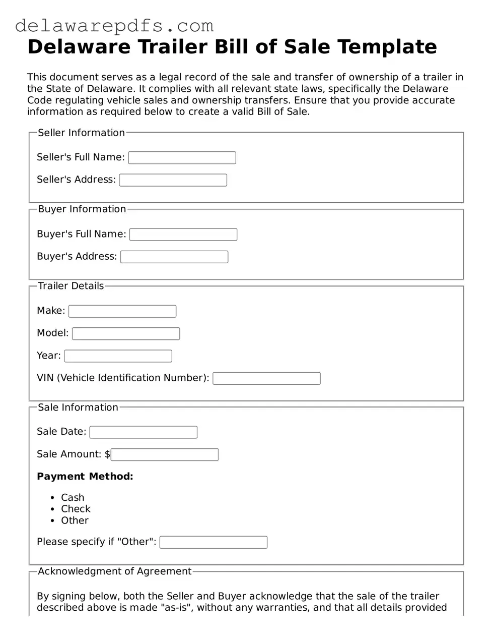 Legal Delaware Trailer Bill of Sale Document