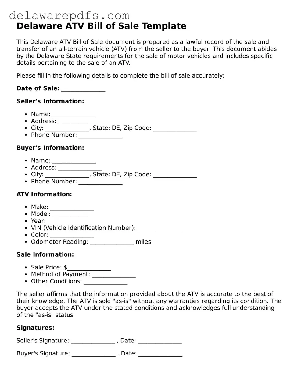 Legal Delaware ATV Bill of Sale Document