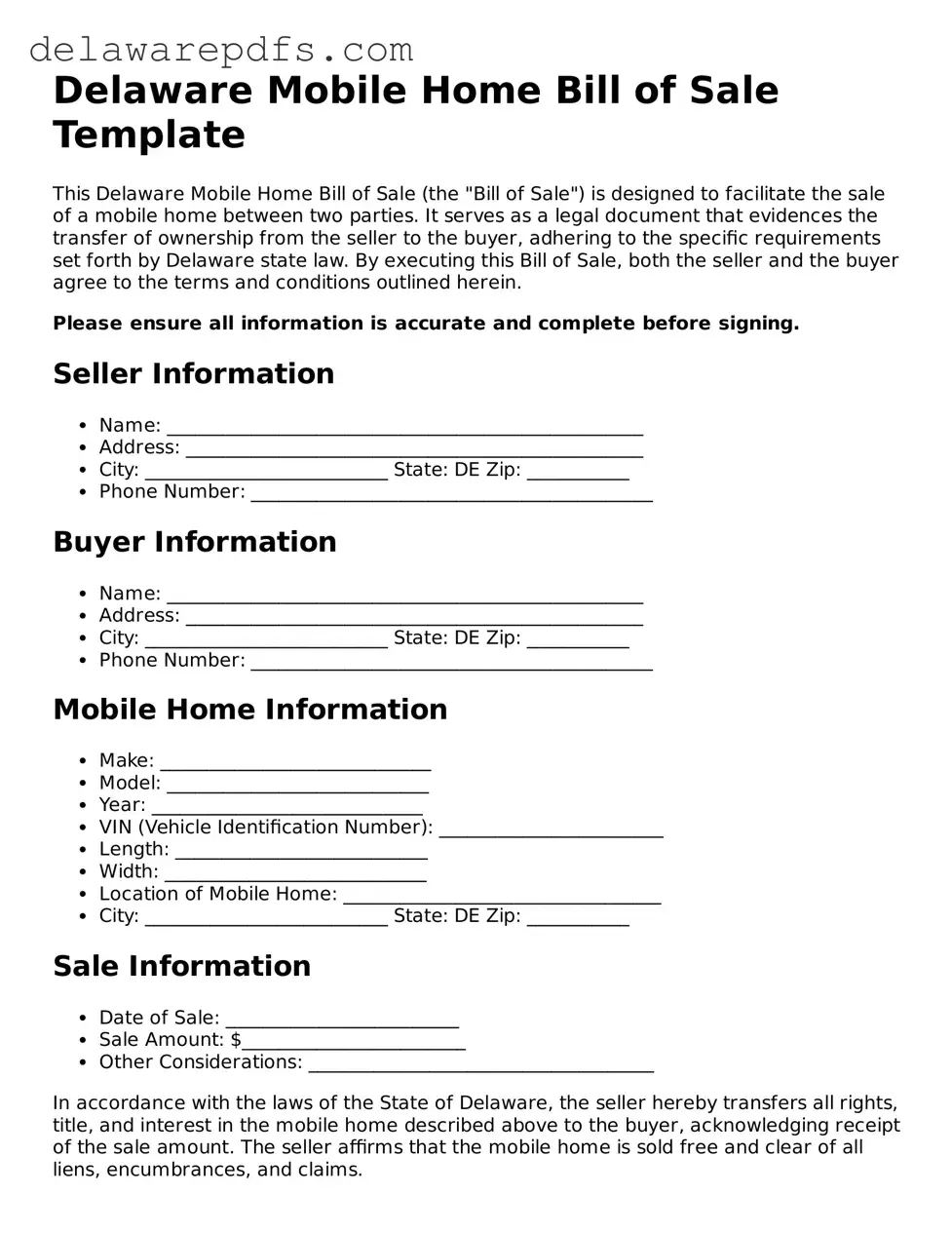Legal Delaware Mobile Home Bill of Sale Document