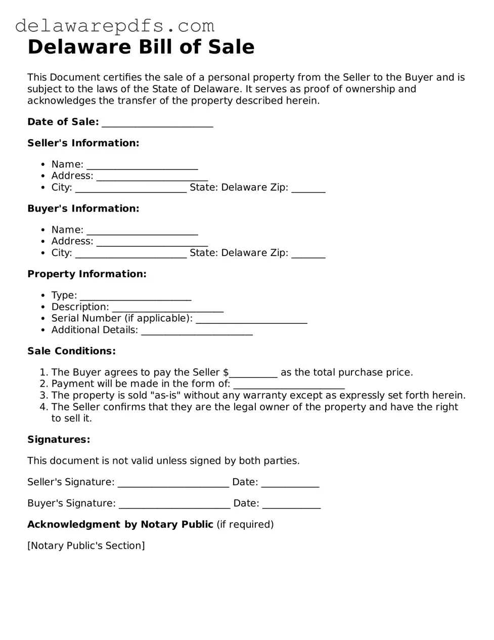 Legal Delaware Bill of Sale Document