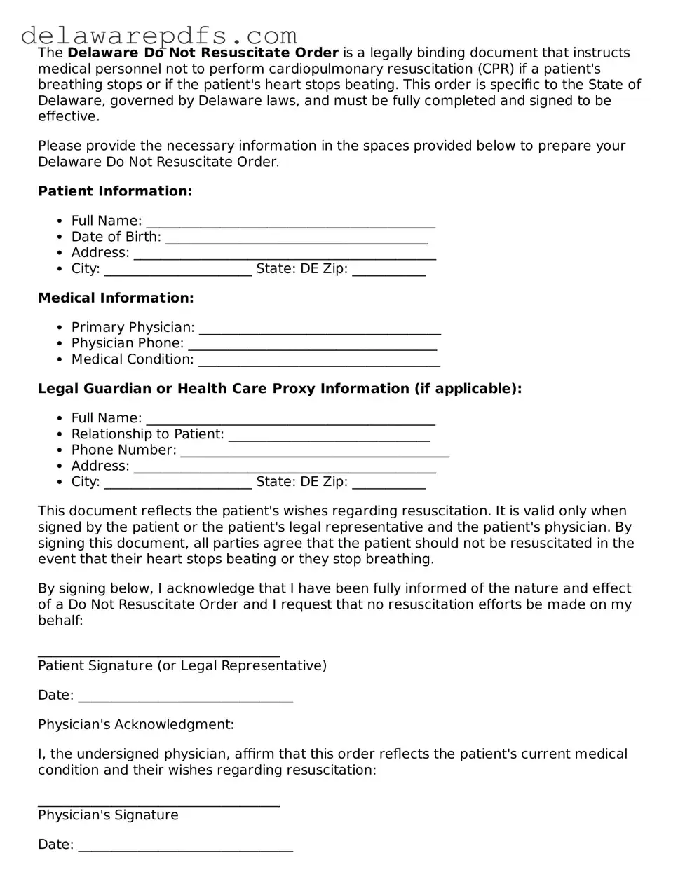 Legal Delaware Do Not Resuscitate Order Document