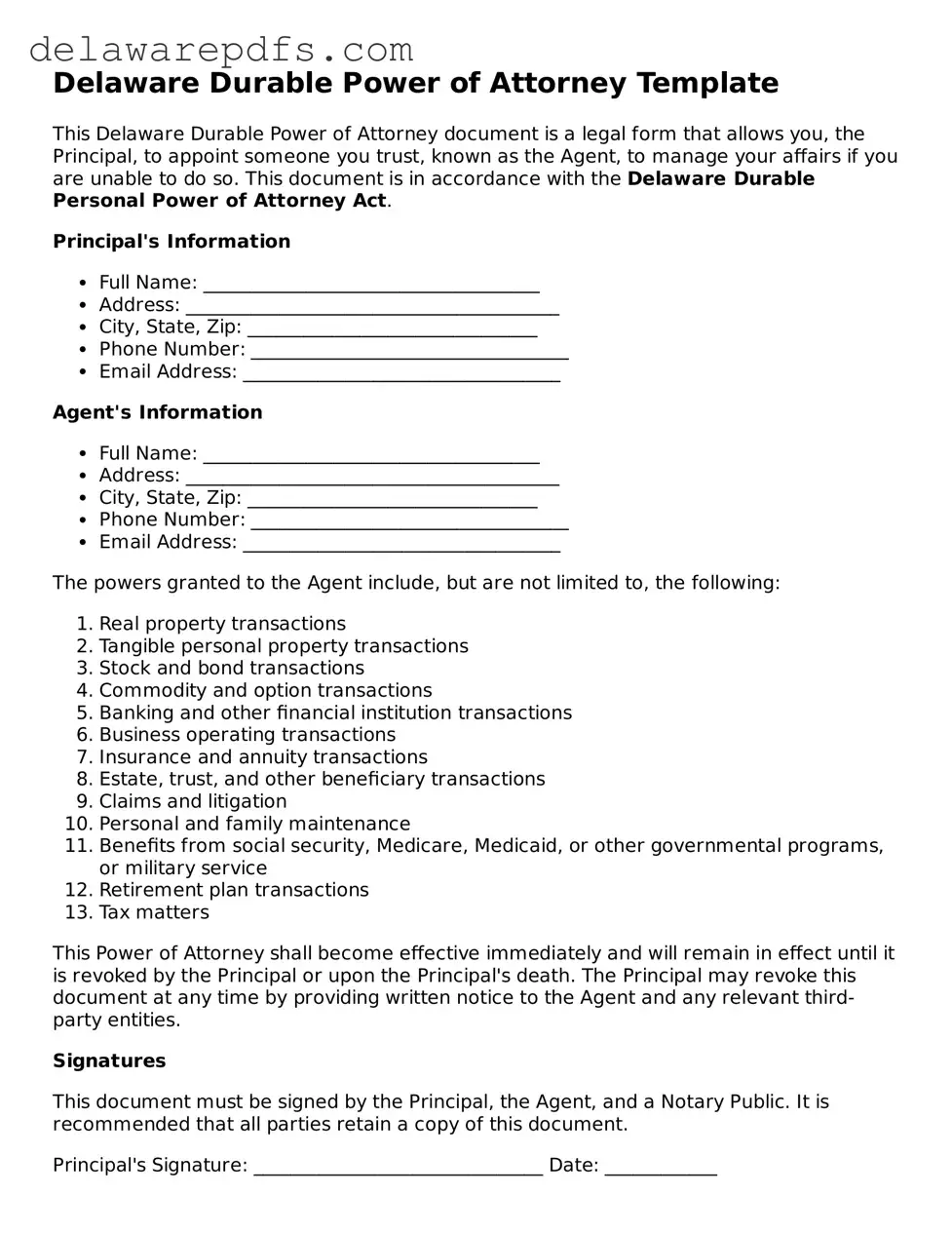 Legal Delaware Durable Power of Attorney Document