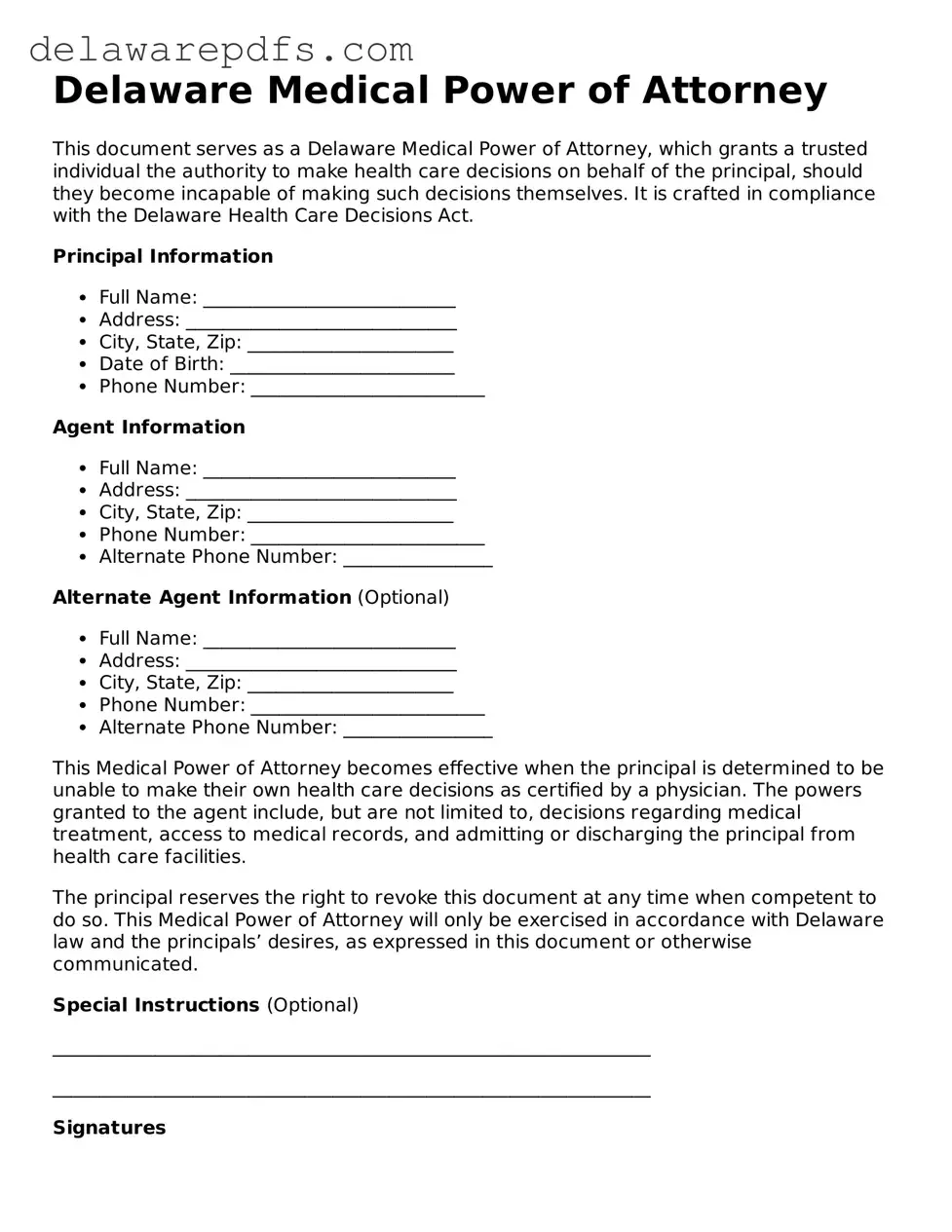 Legal Delaware Medical Power of Attorney Document