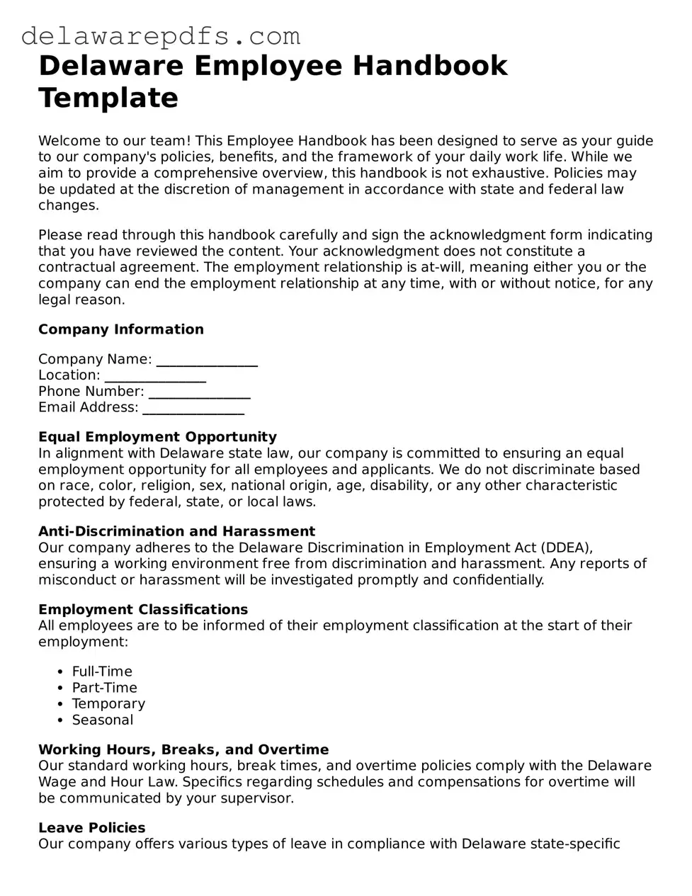 Legal Delaware Employee Handbook Document