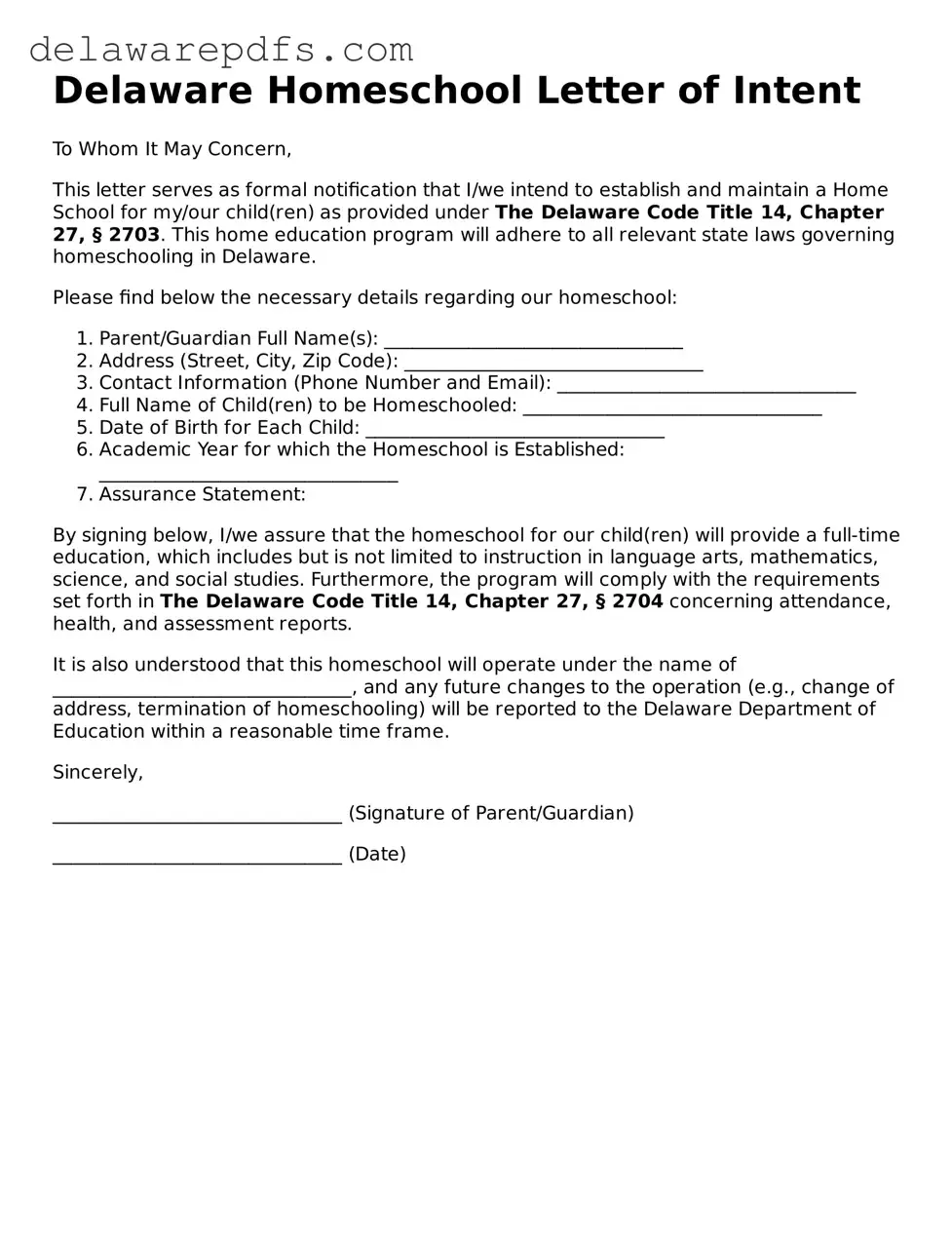 Legal Delaware Homeschool Letter of Intent Document