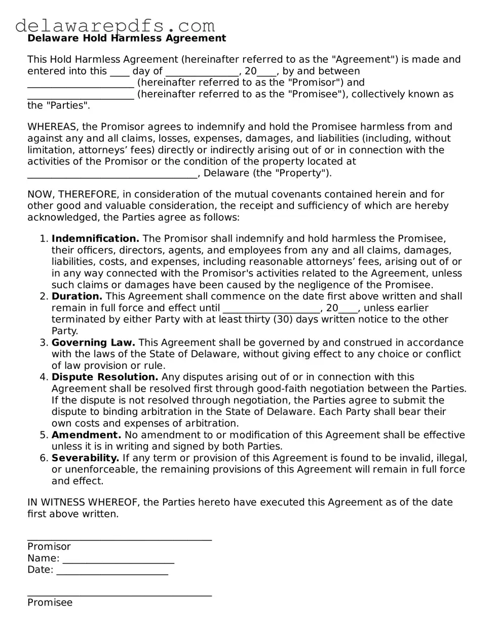 Legal Delaware Hold Harmless Agreement Document