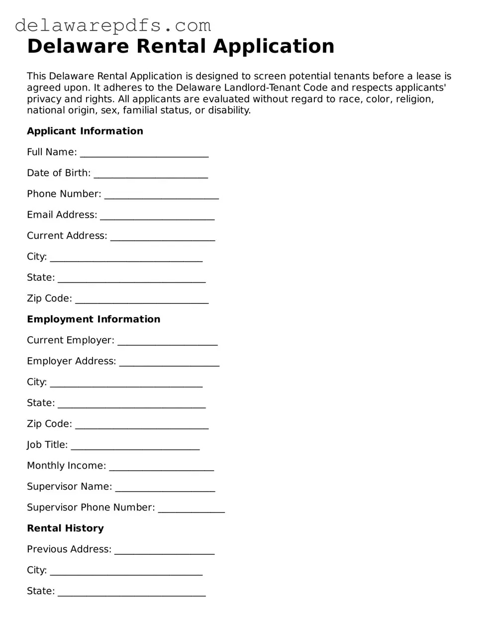 Legal Delaware Rental Application Document