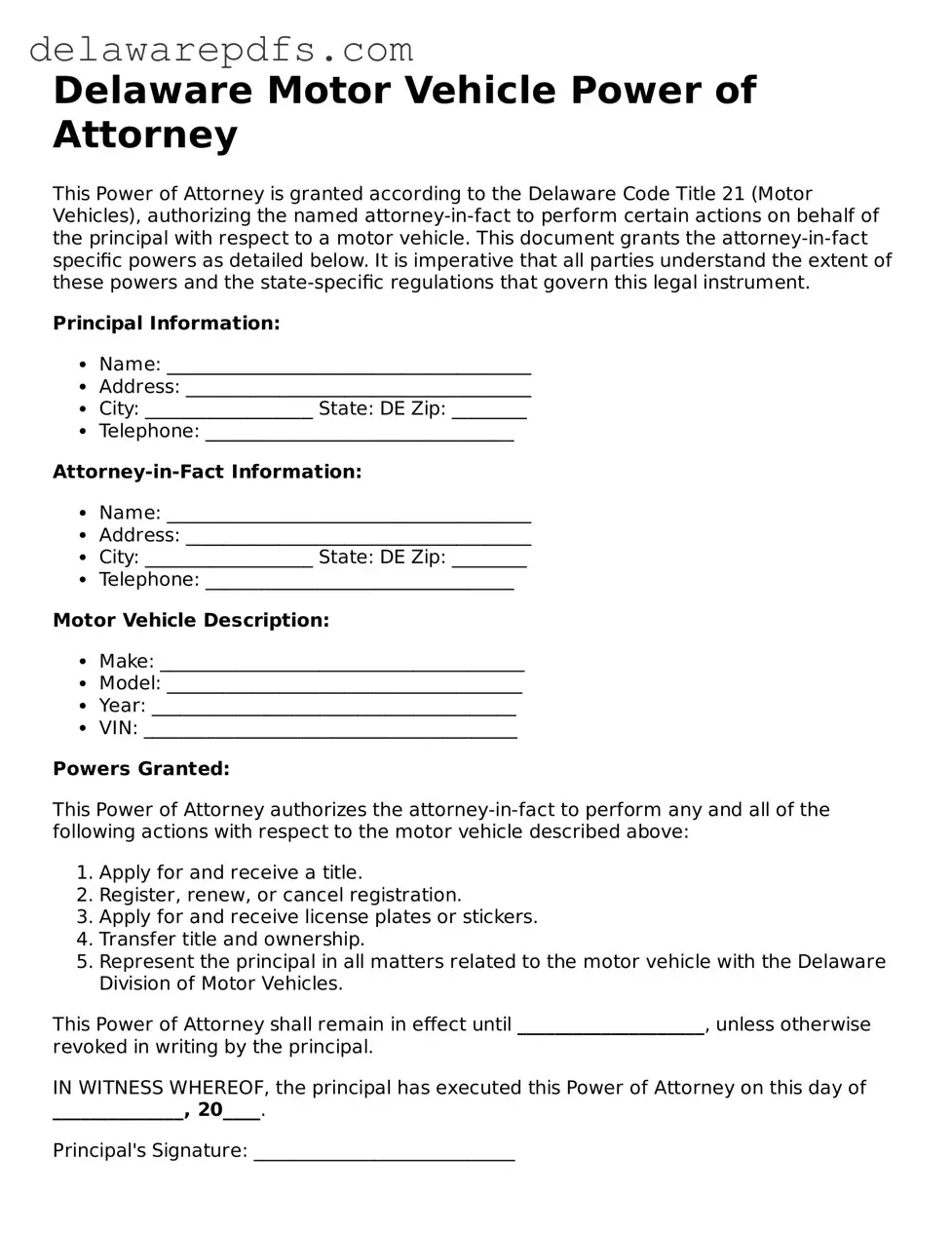 Legal Delaware Motor Vehicle Power of Attorney Document