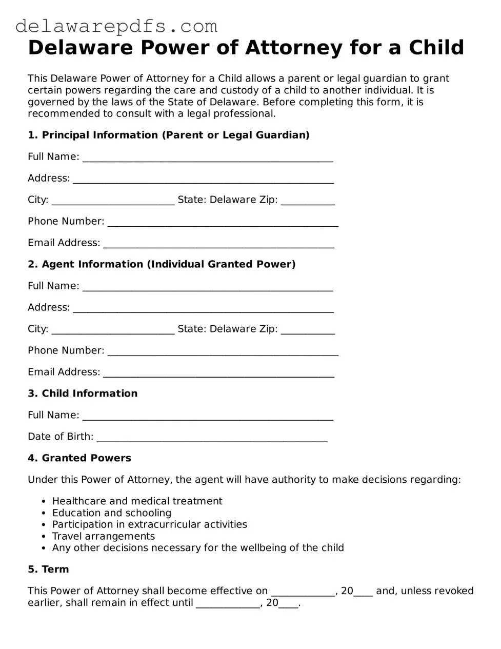 Legal Delaware Power of Attorney for a Child Document