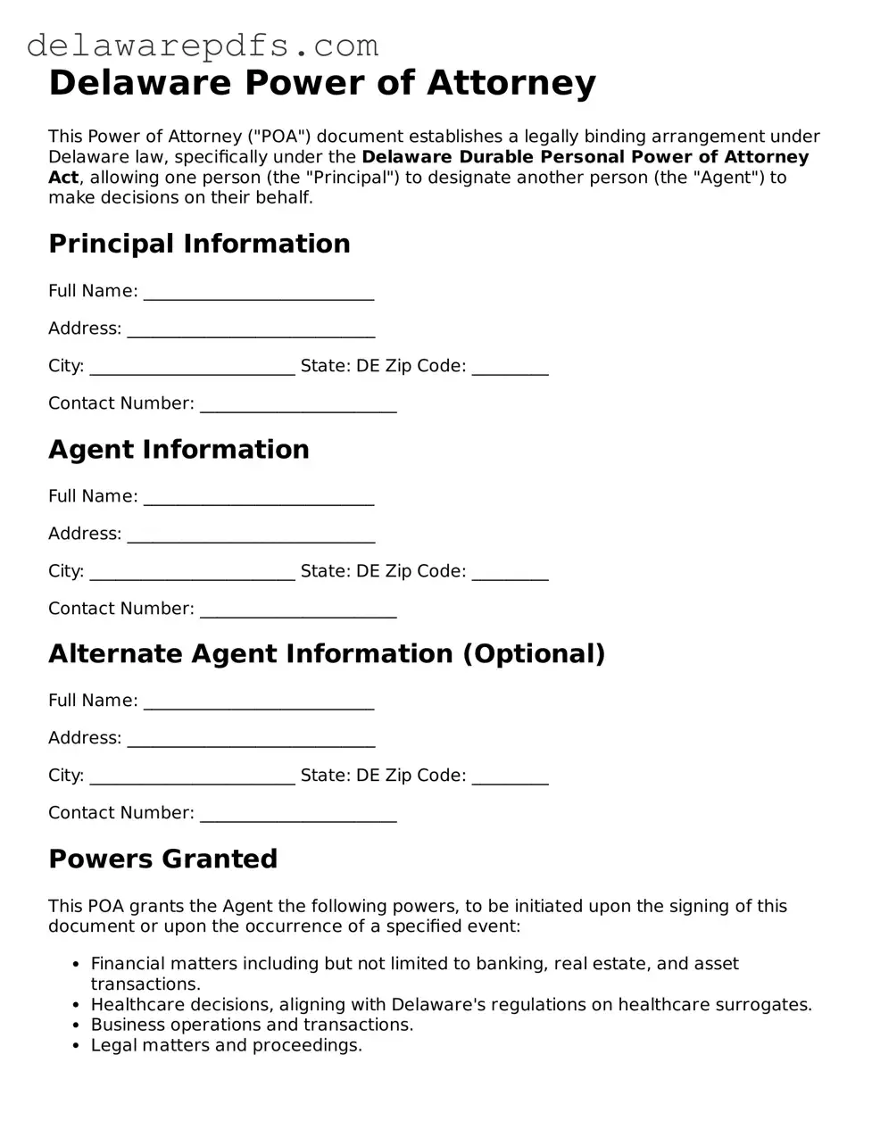 Legal Delaware Power of Attorney Document