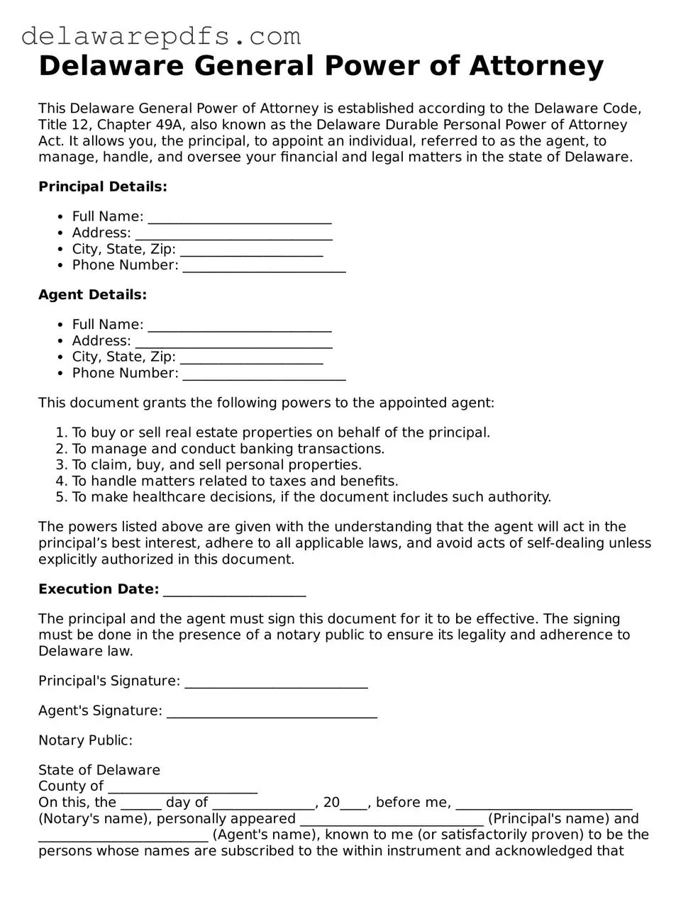 Legal Delaware General Power of Attorney Document