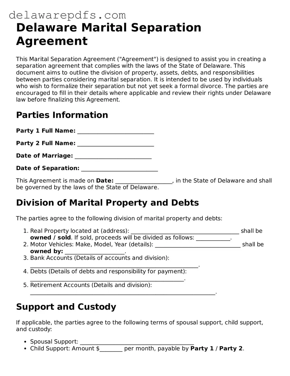 Legal Delaware Marital Separation Agreement Document