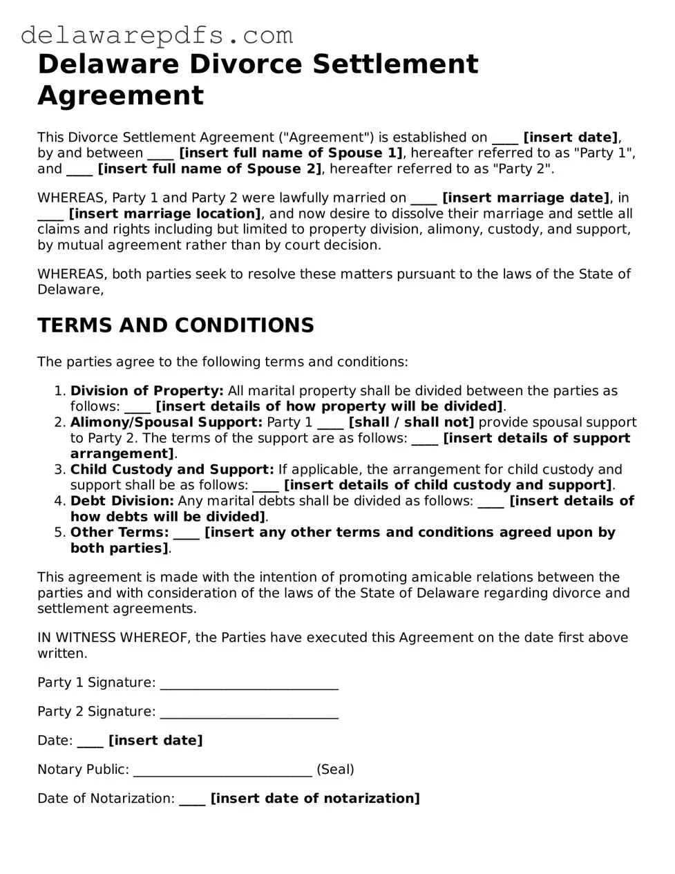 Legal Delaware Divorce Settlement Agreement Document