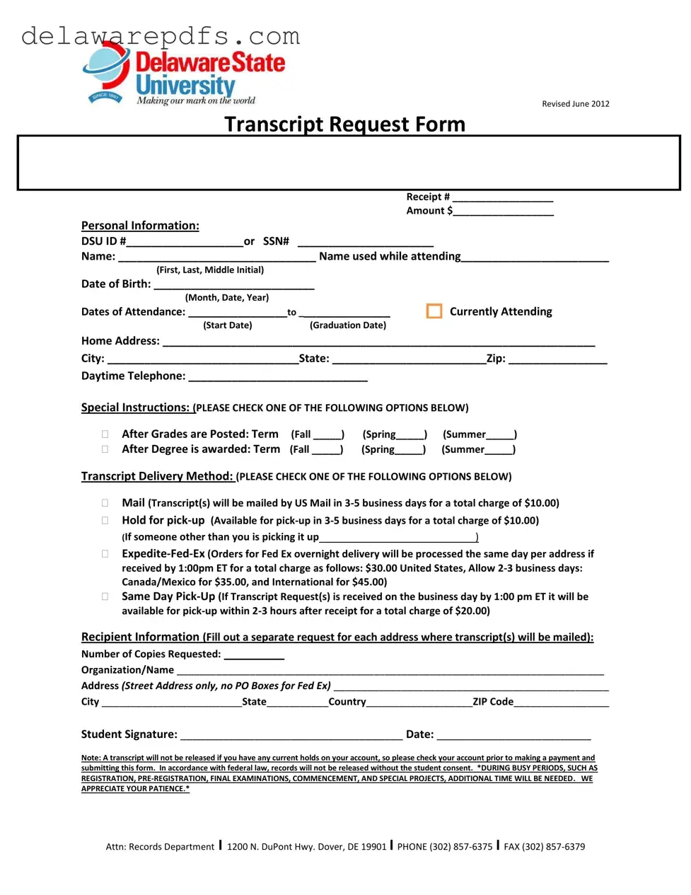 Free Delaware Transcript Request PDF Template