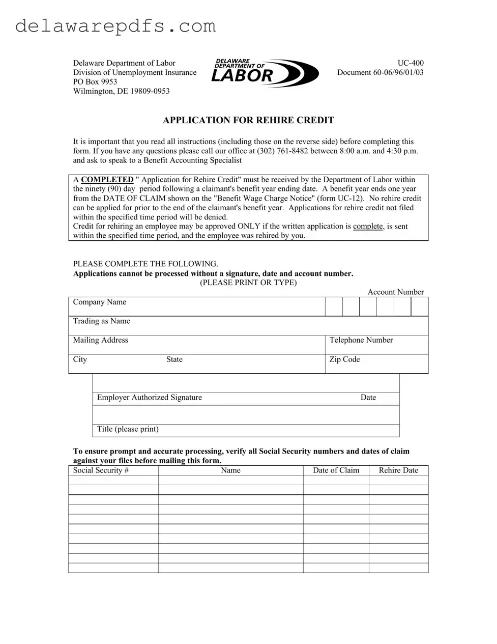 Free Delaware Uc 400 PDF Template