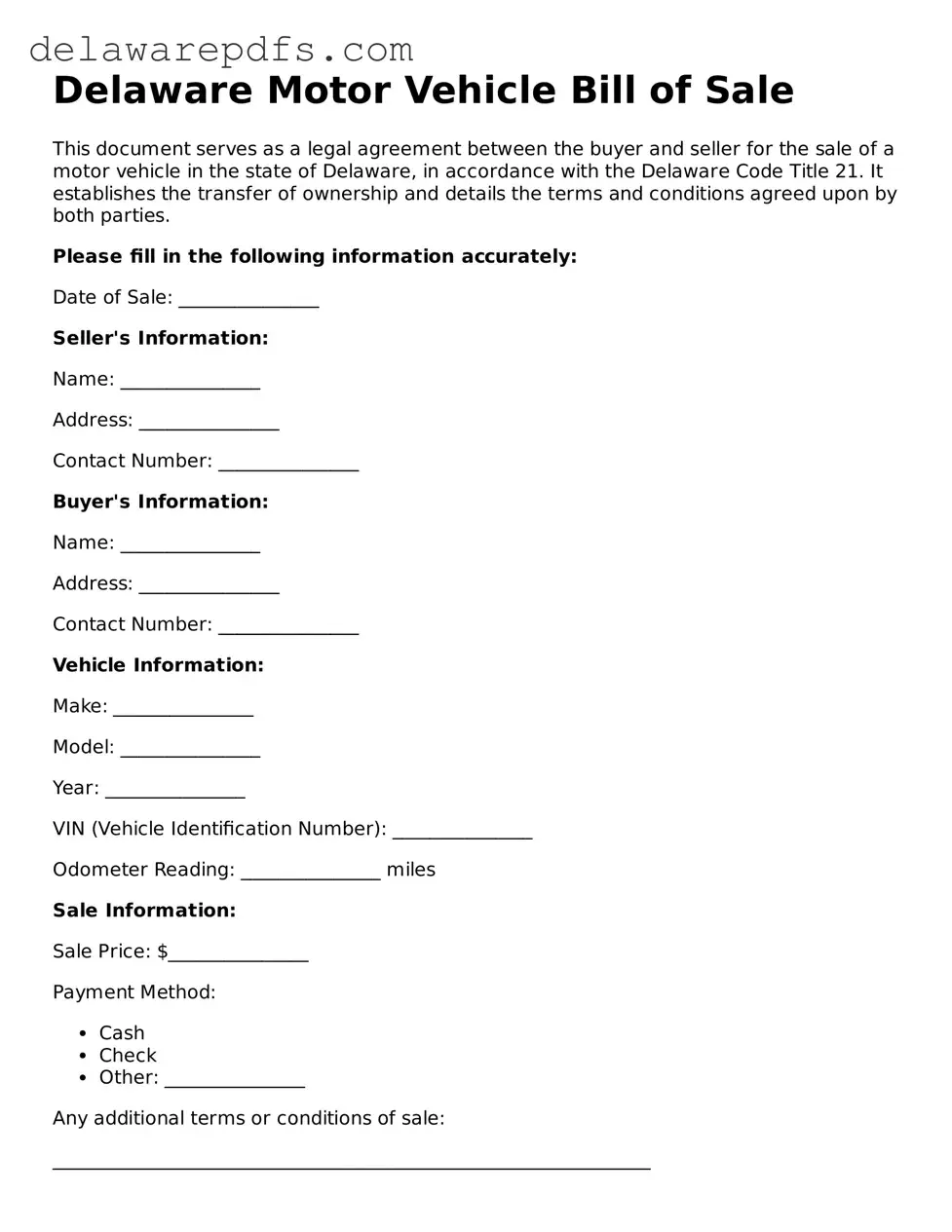 Legal Delaware Motor Vehicle Bill of Sale Document