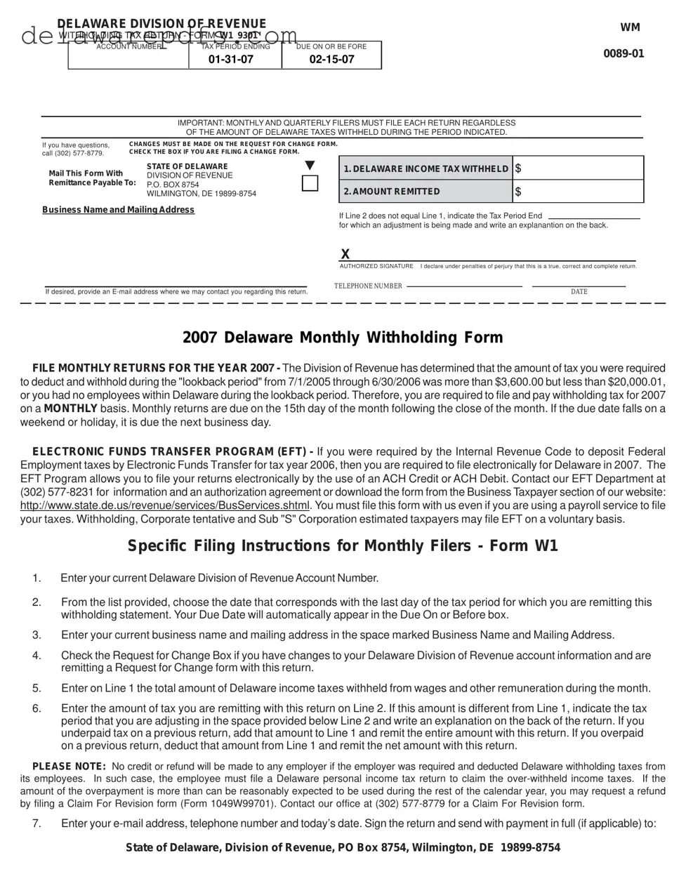 Free Delaware W1 9301 PDF Template