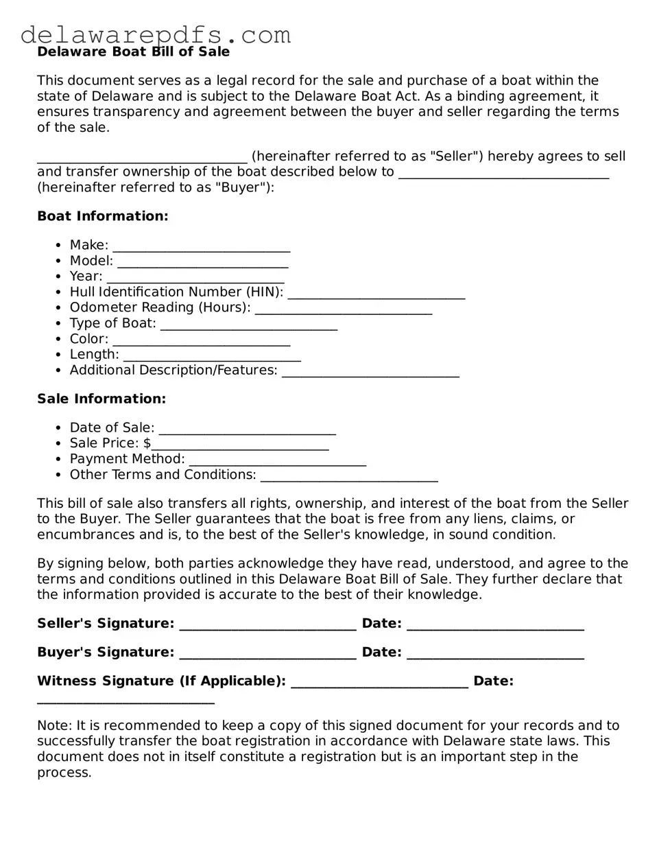 Legal Delaware Boat Bill of Sale Document