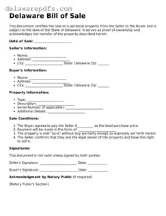 Legal Delaware Bill of Sale Document