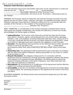 Legal Delaware Hold Harmless Agreement Document